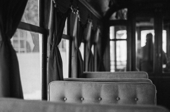 Seats and Curtains Inside Tram