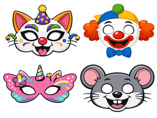 Fototapeta premium Collection of fun Carnival masks: unicorn, clown, mouse, and cat. Vector illustration on a transparent background._