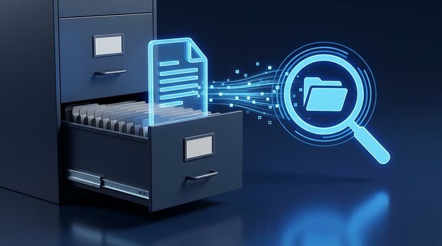 Digital document search with glowing icons and data streams from filing cabinet for concept of data management and information retrieval.