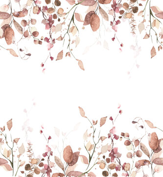 Watercolor painted seamless border on white background. Orange and pink autumn wild flowers, branches, leaves and twigs