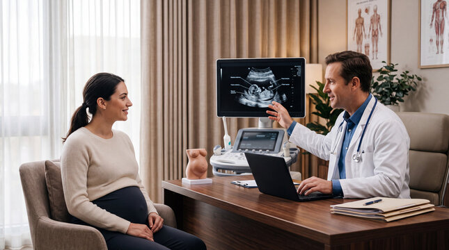 Doctor Showing Fetal Ultrasound to Pregnant Woman During Prenatal Consultation