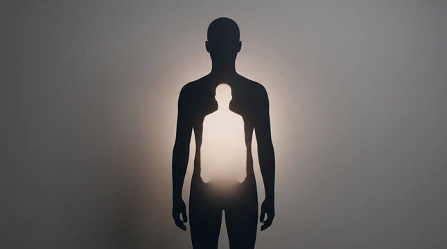Inner Self Concept Silhouette Featuring A Glowing Hollow Figure Inside A Dark Human Form Representing Emotional Void Or Spiritual Reflection