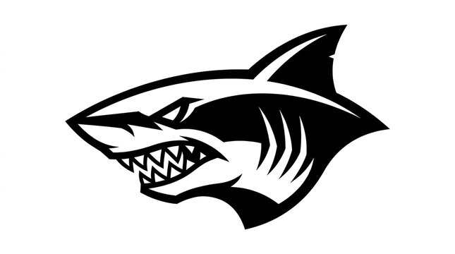 Aggressive shark head mascot graphic design with displays stylized shark rendered high contrast contrast black white white vector art mascot logo