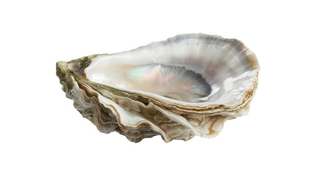 A single raw oyster shell with a pearlescent interior and rough textured outer surface, isolated on a white background, for food