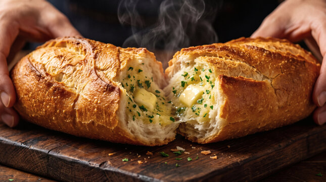 Hands pulling apart fresh warm crusty garlic bread baguette filled with melted butter chopped parsley and hot steam on a dark rustic wooden board