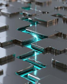 Floating Geometric Steps with Glowing Cyan Digital Pathway