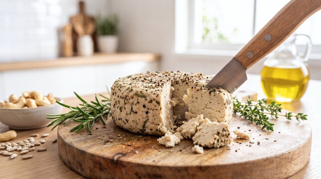 Slicing homemade vegan cashew cheese wheel coated with herbs and spices on wooden cutting board with olive oil rosemary and nuts in bright kitchen