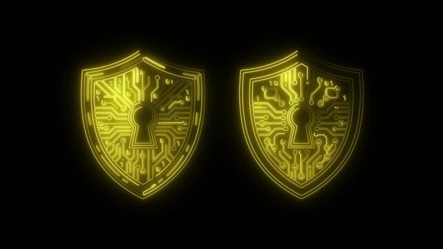 Glowing golden cyber shield icons with circuit board pattern