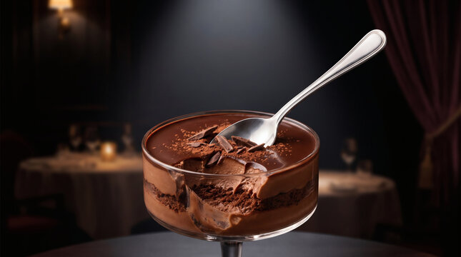 Silver spoon digging into rich layered chocolate mousse dessert topped with chocolate shavings in elegant glass goblet inside dark fine dining restaurant