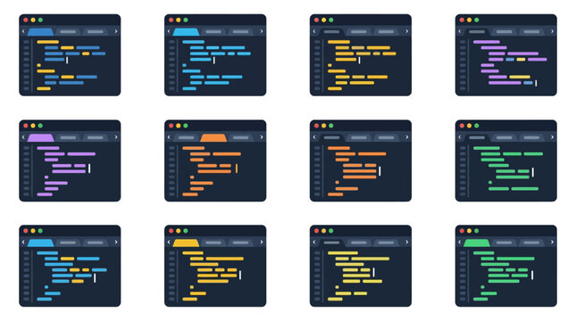 Set of flat vector icons representing a code editor interface for software development, programming, and web design applications
