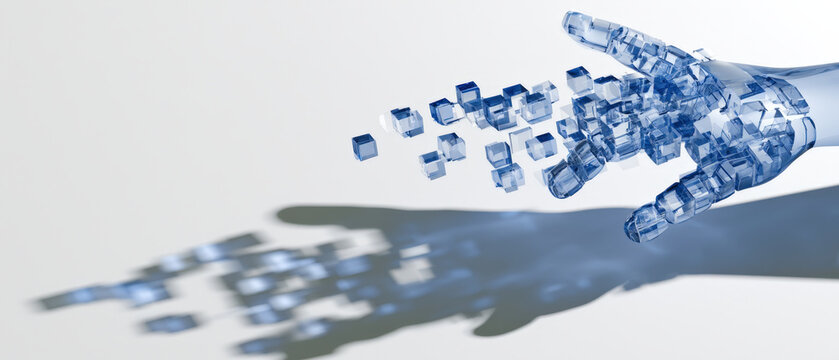 Futuristic Robotic Hand Formed from Transparent Blue Digital Pixels
