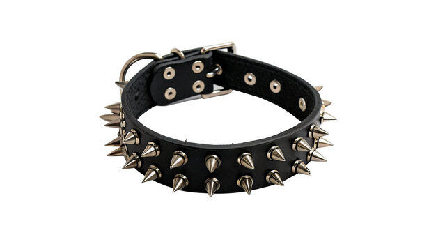Black leather punk collar with sharp metallic spikes isolated on transparent background