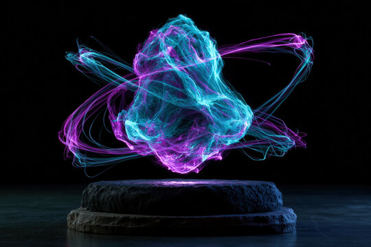 Colorful Holographic Energy Knot Floating Above Dark Pedestal