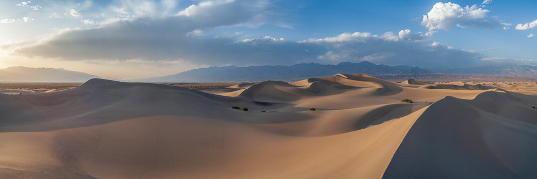 Beautiful wide scenic panorama of Mesquite Flat Sand Dunes at sunrise in Death Valley