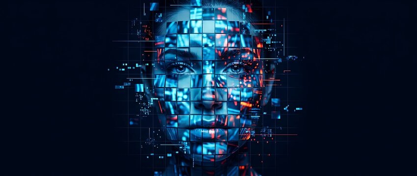 Female face with glowing blue and red digital squares, representing artificial intelligence and future technology.