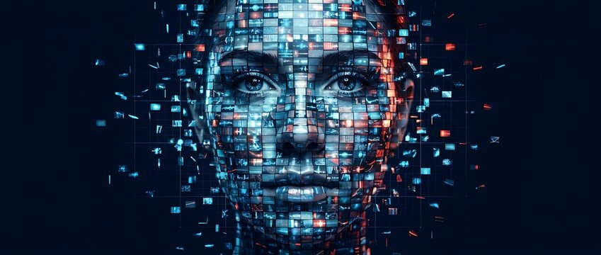 Woman's face revealed through digital screens, advanced artificial intelligence and futuristic technology concept.