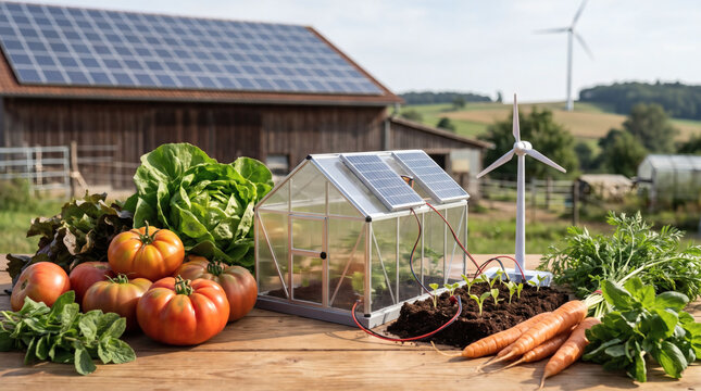 sustainable agriculture concept with miniature solar greenhouse wind turbine model and fresh organic vegetables on farm background with green renewable energy