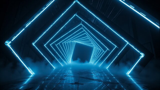 Futuristic Neon Blue Light Tunnel with Smoke