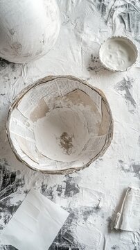 A paper mache bowl is being created using newspaper, paper pulp and glue, showcasing a DIY crafting process