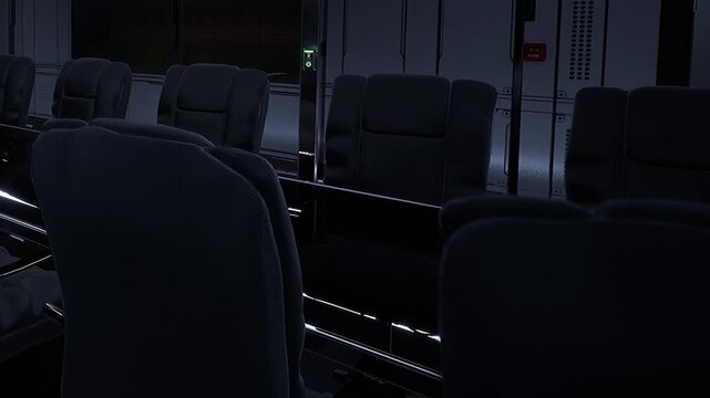 A group of black seats are arranged in a seating area inside a train. The lighting is dim. The atmosphere shows the interior of the train at night. Passengers are absent.