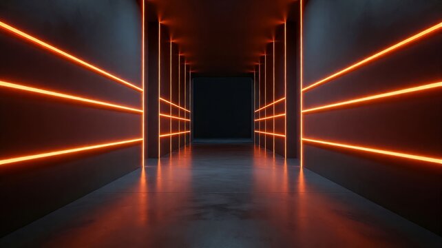 Futuristic Neon Corridor with Glowing Orange Lights and Dark Concrete Walls