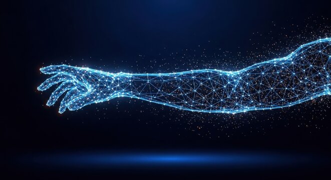 Digital human arm reaching out made of glowing blue network connections illustration
