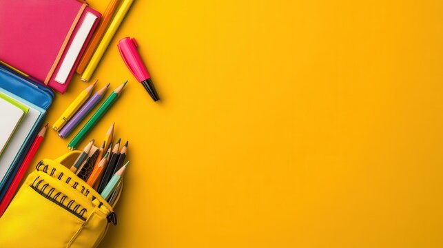 Bright yellow background showcases colorful pencils, notebooks, and a yellow pencil case, perfect for back-to-school themes