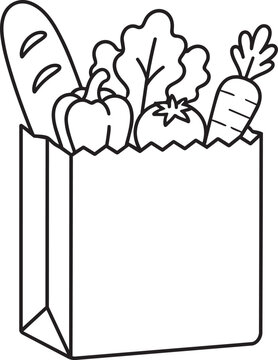 Line art illustration of a paper bag filled with bread