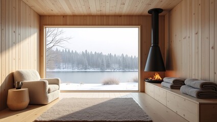 Naklejka premium Cozy timber cabin room, modern black hanging fireplace, plush armchair, large picture window, frozen lake and snow‑covered forest view, soft natural daylight, neutral textured rug