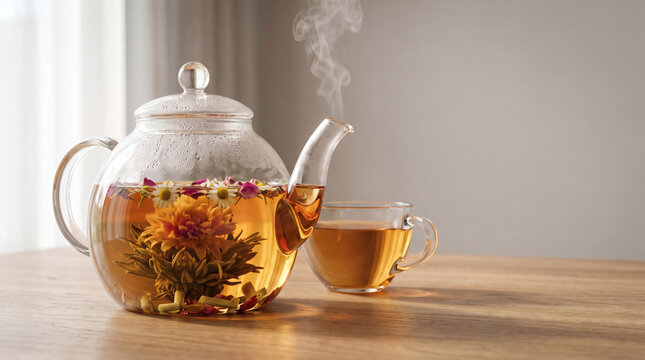 hot blooming herbal flower tea brewing in transparent glass teapot with rising steam and teacup served on wooden table in warm cozy light
