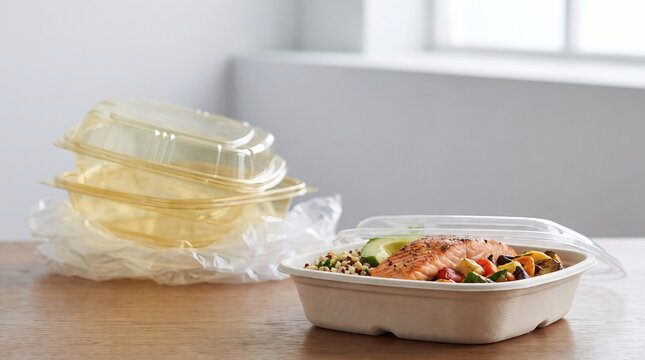 healthy takeaway meal with grilled salmon quinoa avocado and roasted vegetables served in biodegradable eco friendly container packaging on wooden table