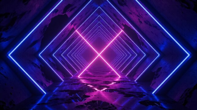 Futuristic Neon Glowing Light Tunnel in Dark Cave