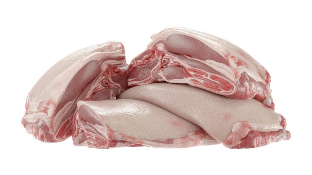 Several raw pork loin chops with bone, featuring pink meat and white fat, arranged in a pile, isolated on a clean white background, studio shot