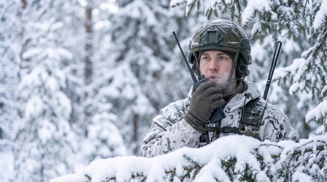 caucasian soldier in winter camouflage uniform speaking into radio in snowy forest. military tactical operation and communication during cold weather. army patrol, defense concept. copyspace.