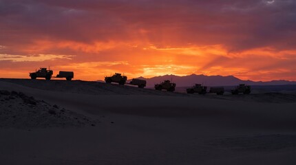 Naklejka premium silhouette of military convoy driving through desert dunes against dramatic fiery sunset sky. army vehicles on patrol. defense concept. copyspace, banner, website header.