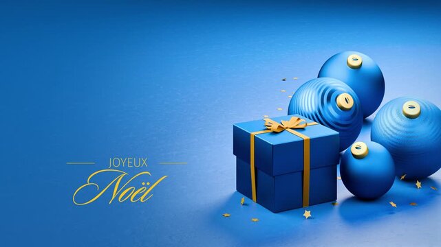 Christmas present box and christmas baubles in blue on blue background. Star confetti falling down. French language Merry Christmas message (Joyeux No&euml;l) appearing and dissolving.
