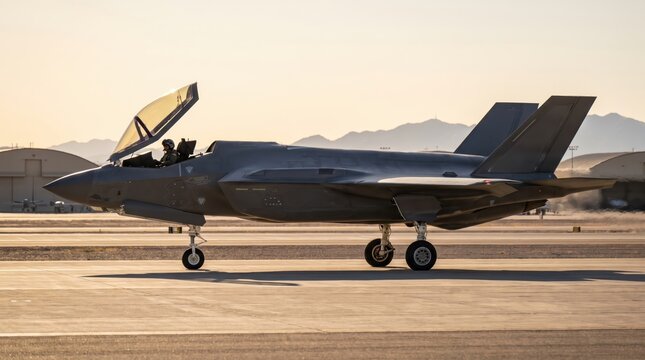 stealth fighter jet with open canopy and pilot on airfield tarmac during golden hour sunset. modern military aviation and airforce defense concept. banner, website header, copyspace.