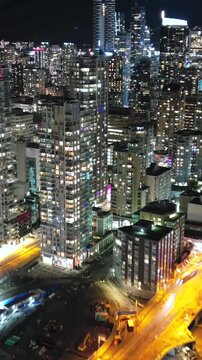Aerial time-lapse on downtown of Vancouver at night, Canada