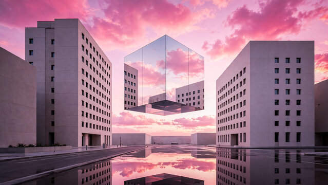 Cube de m&eacute;tal en suspension entre deux tours dans la ville a l'aube rose