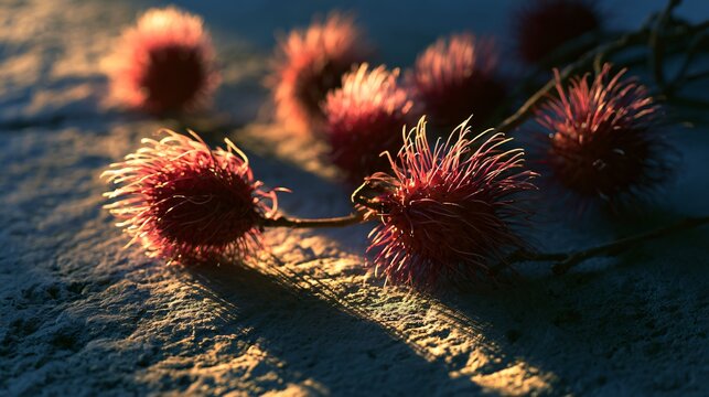 A golden-hour composition featuring rambutan fruit illuminated by warm sunlight casting elegant shadows across natural stone
