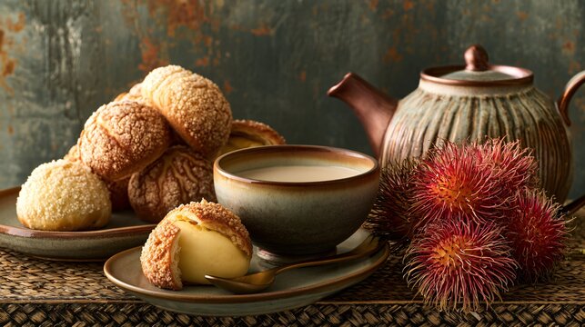 A luxury breakfast-inspired composition featuring rambutan fruit beside pastries and artisan tableware