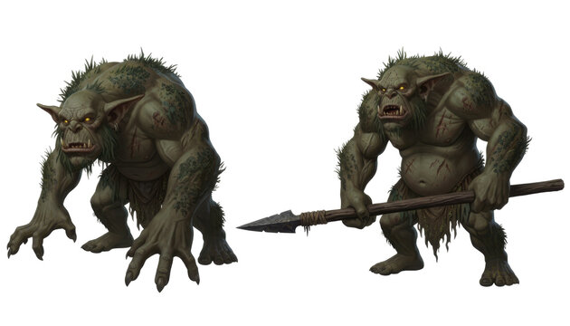 Two Fantasy Green Orc Warriors with Spear and Claws