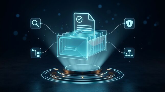 Holographic filing cabinet with glowing digital icons representing data management, security, and search functions in a futuristic interface.