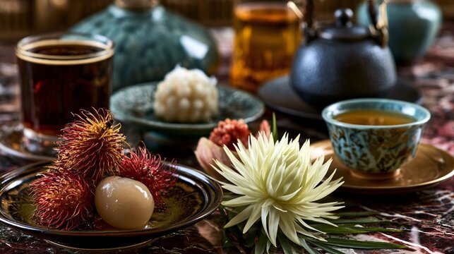 A luxury hospitality composition featuring rambutan fruit served beside artisan beverages and elegant tropical tableware on polished marble