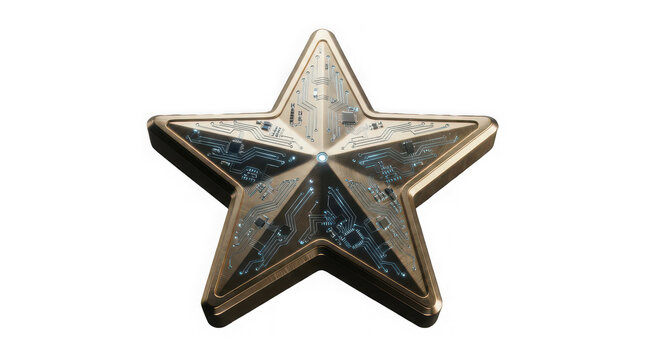 Bronze star medal decorated with intricate electronic circuitry and a glowing central light source.