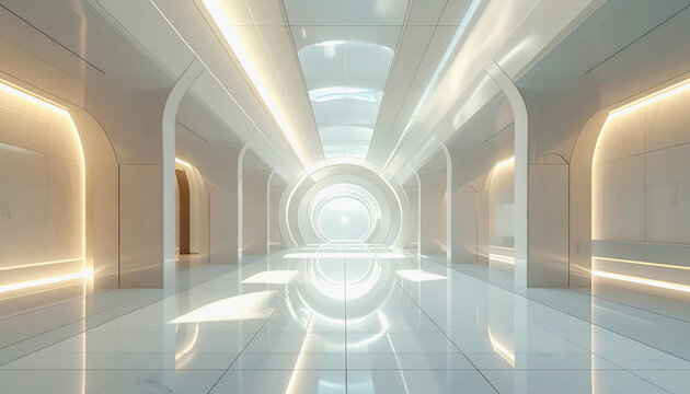 Futuristic white corridor with glowing arches and circular portal at the end
