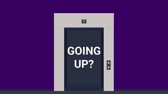 Elevator doors opening with Going Up text inside. Business growth and success motion graphic concept.