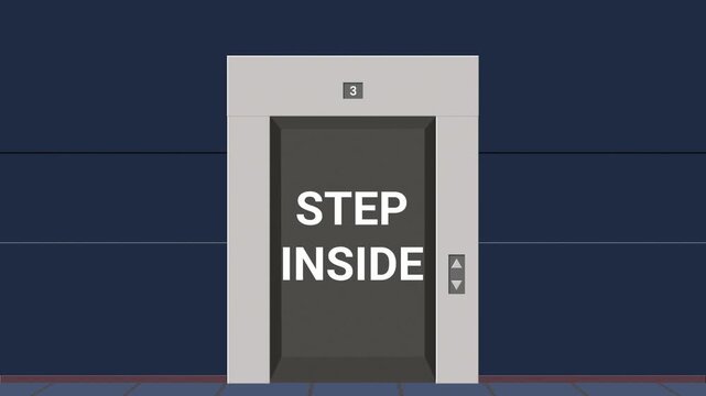 Elevator doors opening with Step Inside text inside. Invitation and welcome flat animation concept.