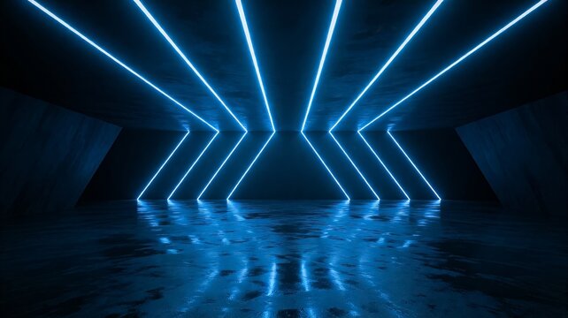 Futuristic Neon Light Tunnel with Glowing Blue LED Lines