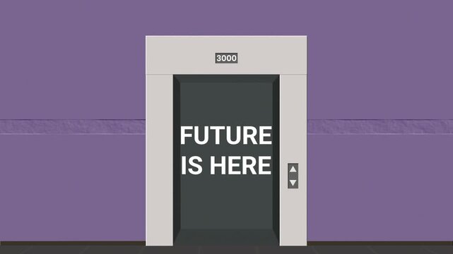Elevator doors opening to floor 3000 with Future Is Here text.
